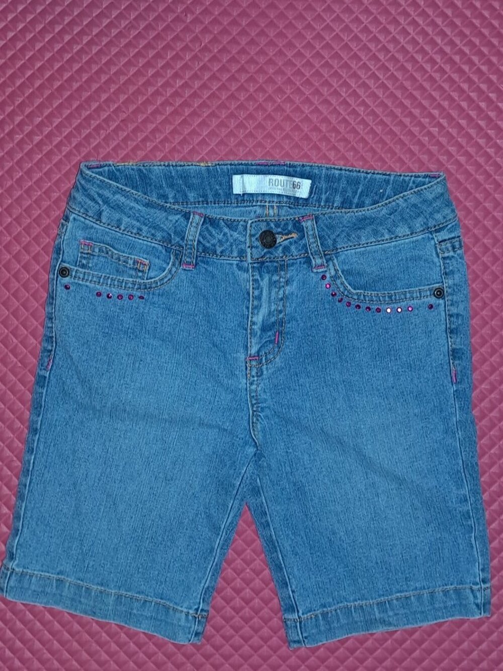 ROUTE 66 Stretch Denim Jeans Shorts Pink Rhinestones & Embroidery Detail